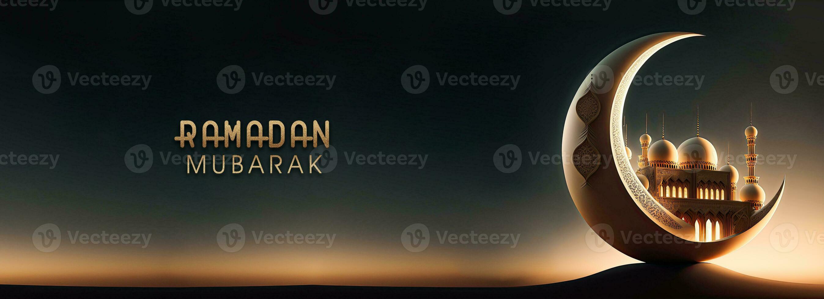 Ramadan Mubarak Banner Design With Golden Glittery Text, 3D Render of Crescent Moon With Beautiful Mosque On Evening Background. photo