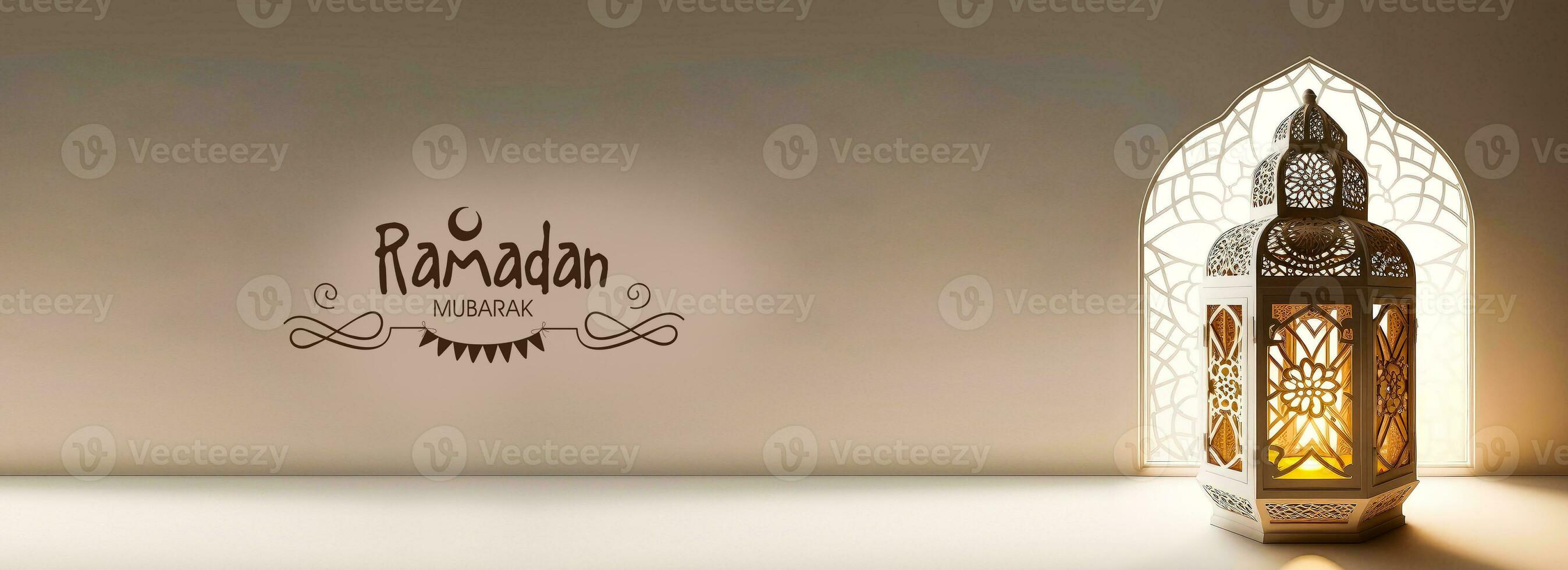 Ramadan Mubarak Banner Design With Realistic Illuminated Arabic Lamp On Islamic Window Background. 3D Render. photo