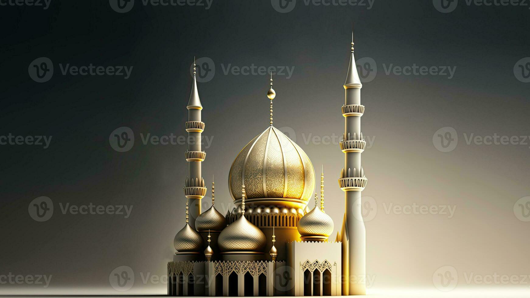 3D Illustration Of Golden Exquisite Mosque On Glowing Background. Islamic Religious Concept. photo