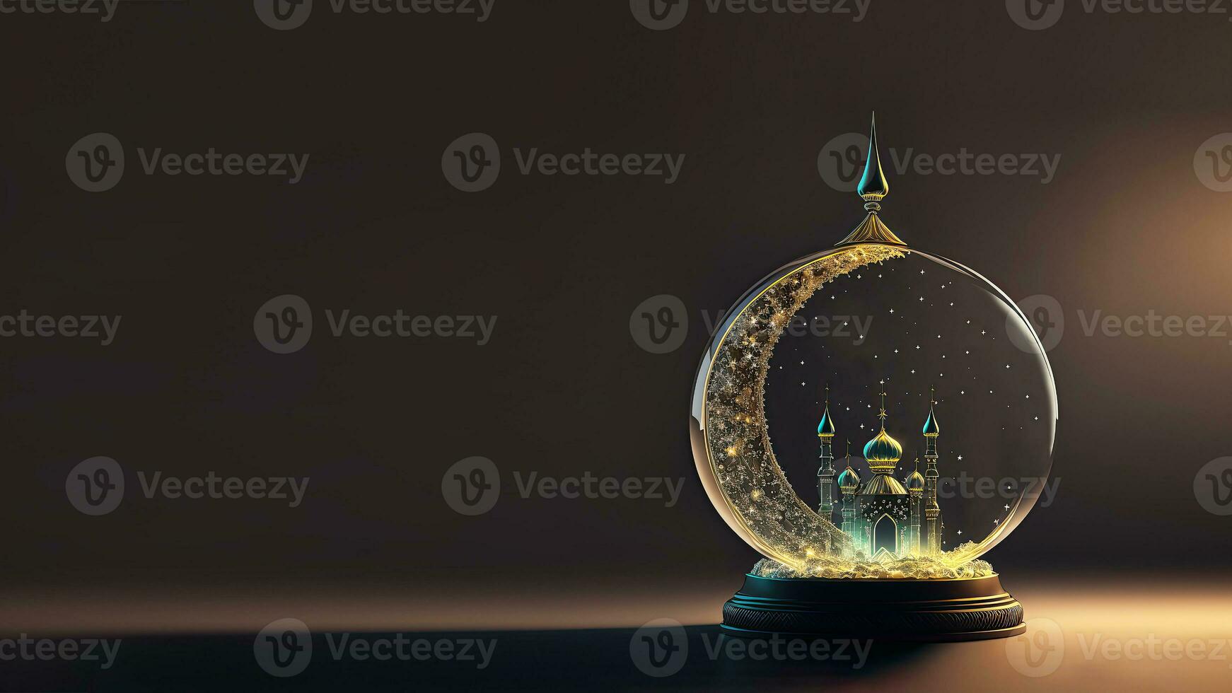 Glittery Crescent Moon With Mosque Inside Glass Round Shape Hang. 3D Render, Islamic Festival Concept. photo
