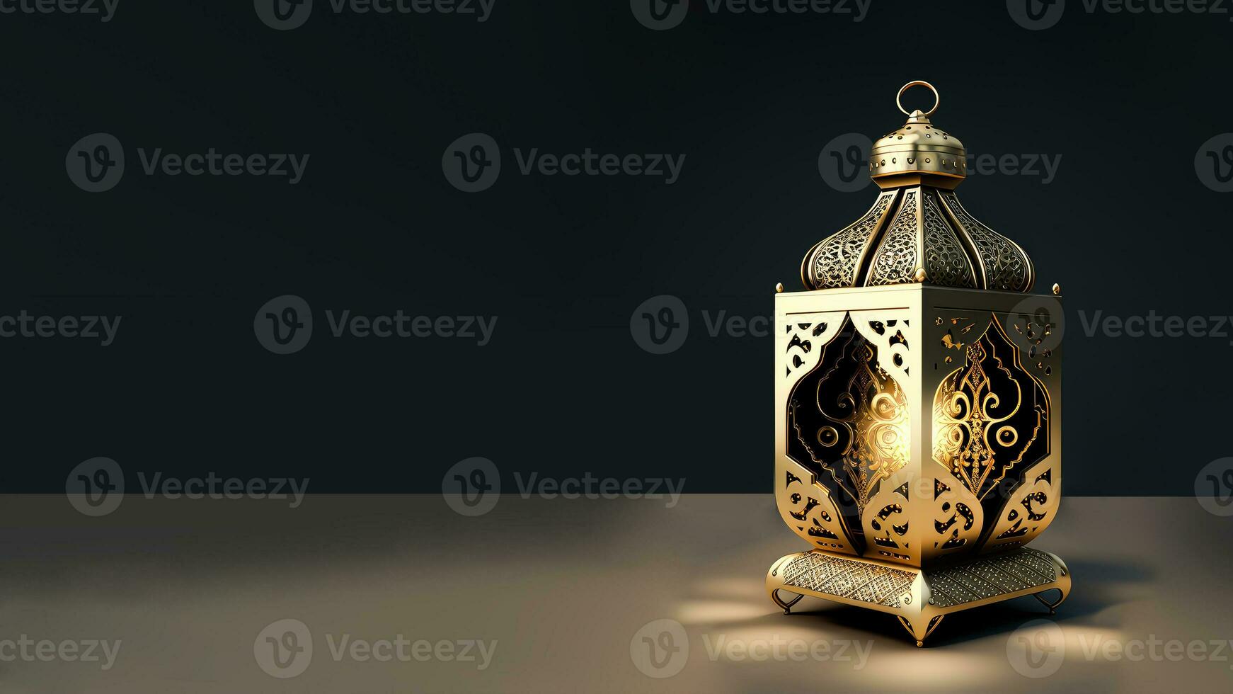Realistic Illuminated Arabic Lantern On Background. Islamic Religious Concept. 3D Render. photo