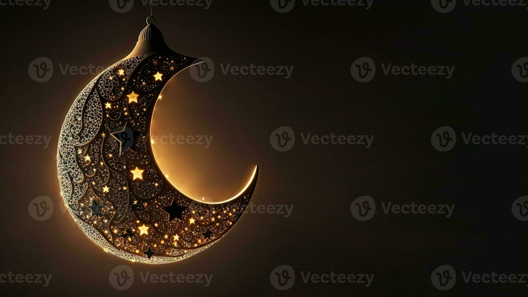 3D Render of Hanging Exquisite Carved Moon With Star On Dark Background. Islamic Religious Concept. photo