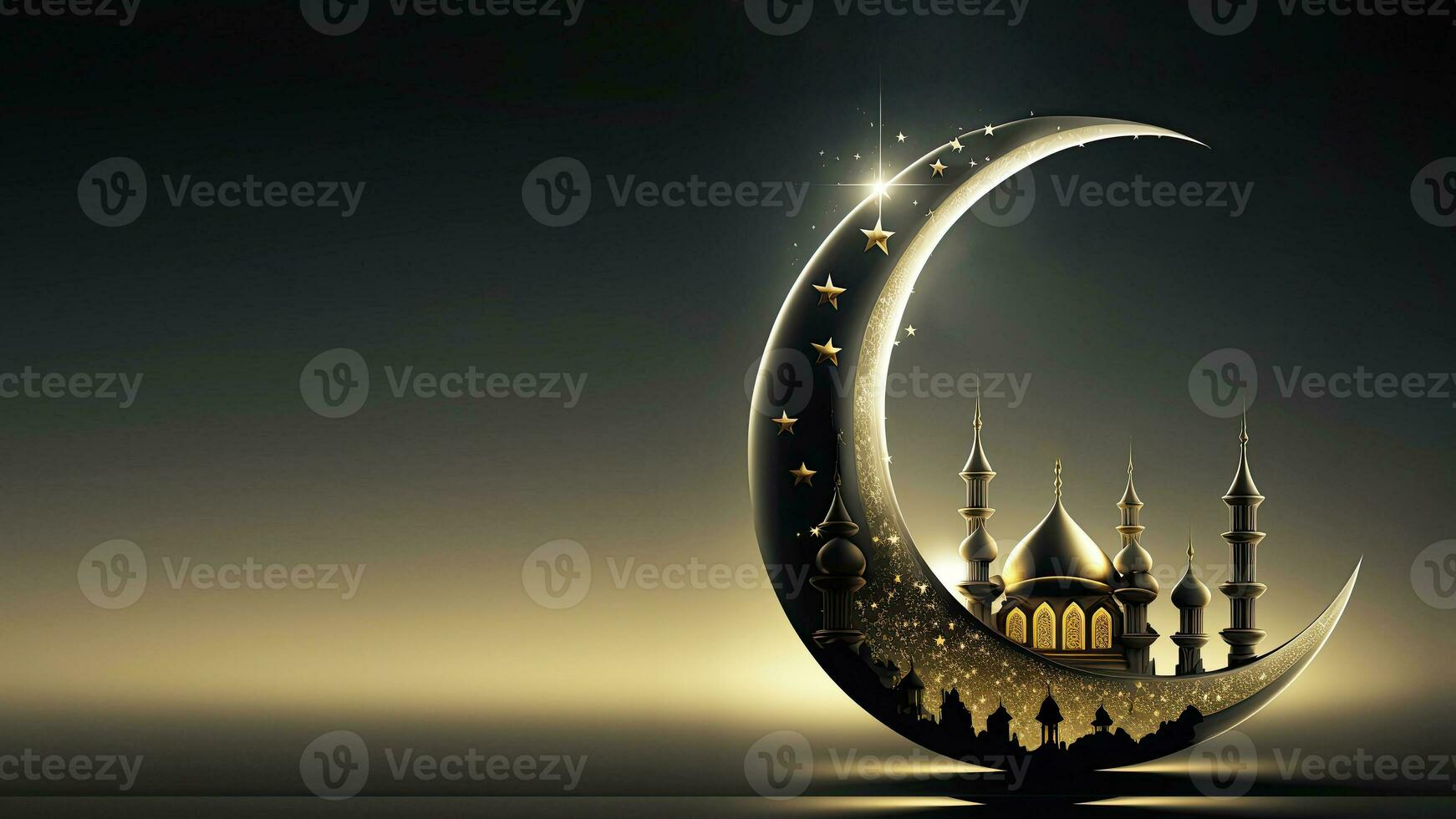 3D Render of Exquisite Crescent Moon With Shiny Mosque And Copy Space. Islamic Religious Concept. photo