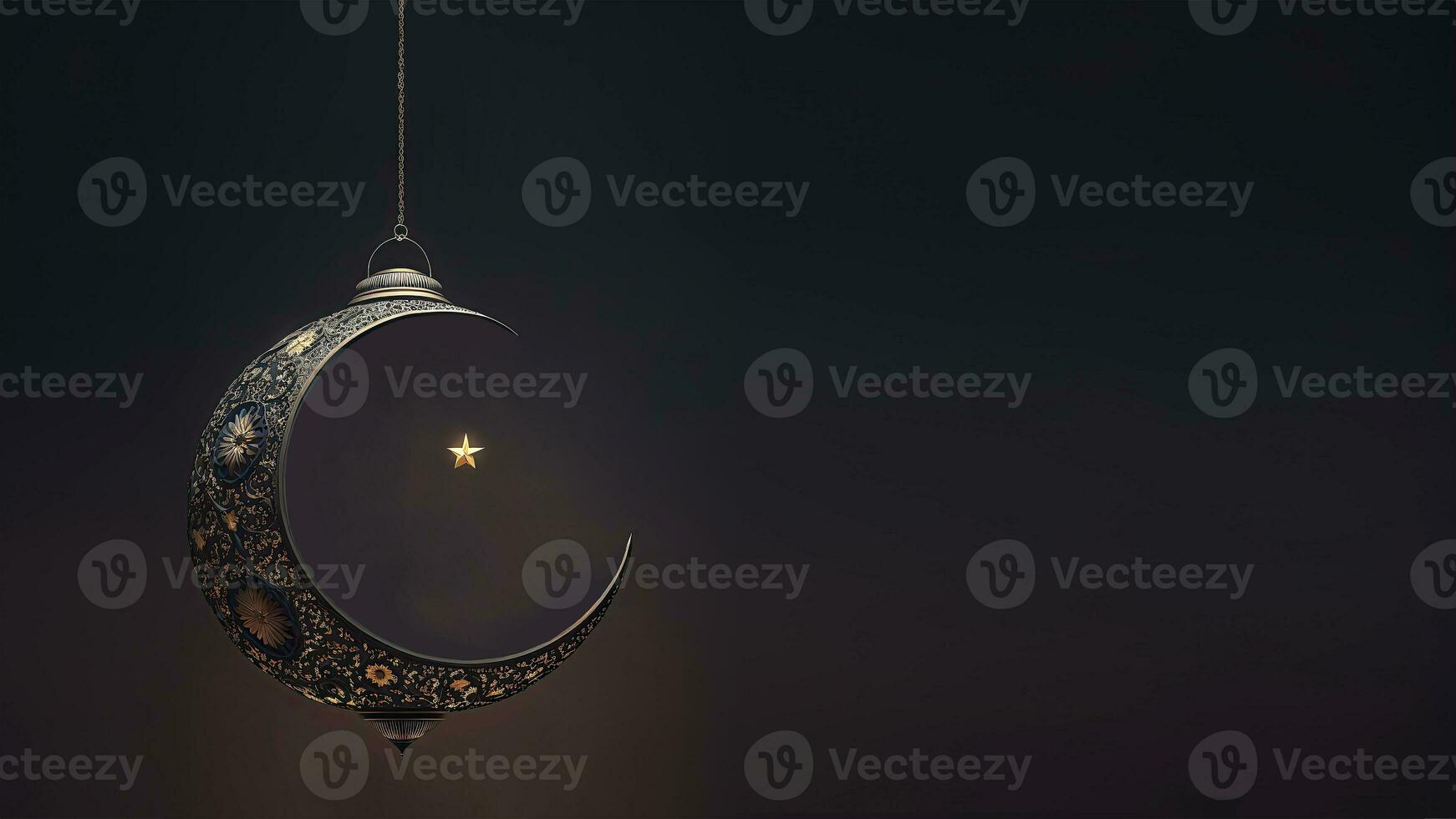 3D Render of Exquisite Shiny Crescent Moon On Bokeh Background. Islamic Religious Concept. photo