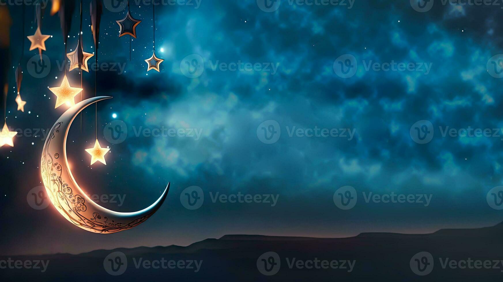 3D Render of Hanging Crescent Moon With Shiny Stars On Blue Grunge Background. photo