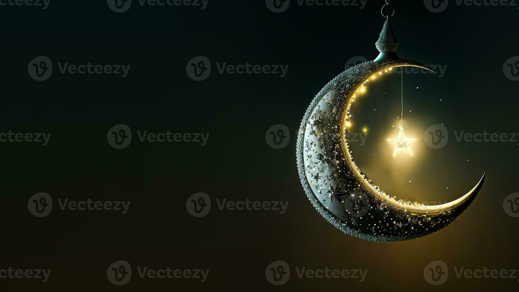 3D Render of Hanging Exquisite Shiny Carved Moon With Star On Dark Background. Islamic Religious Concept. photo