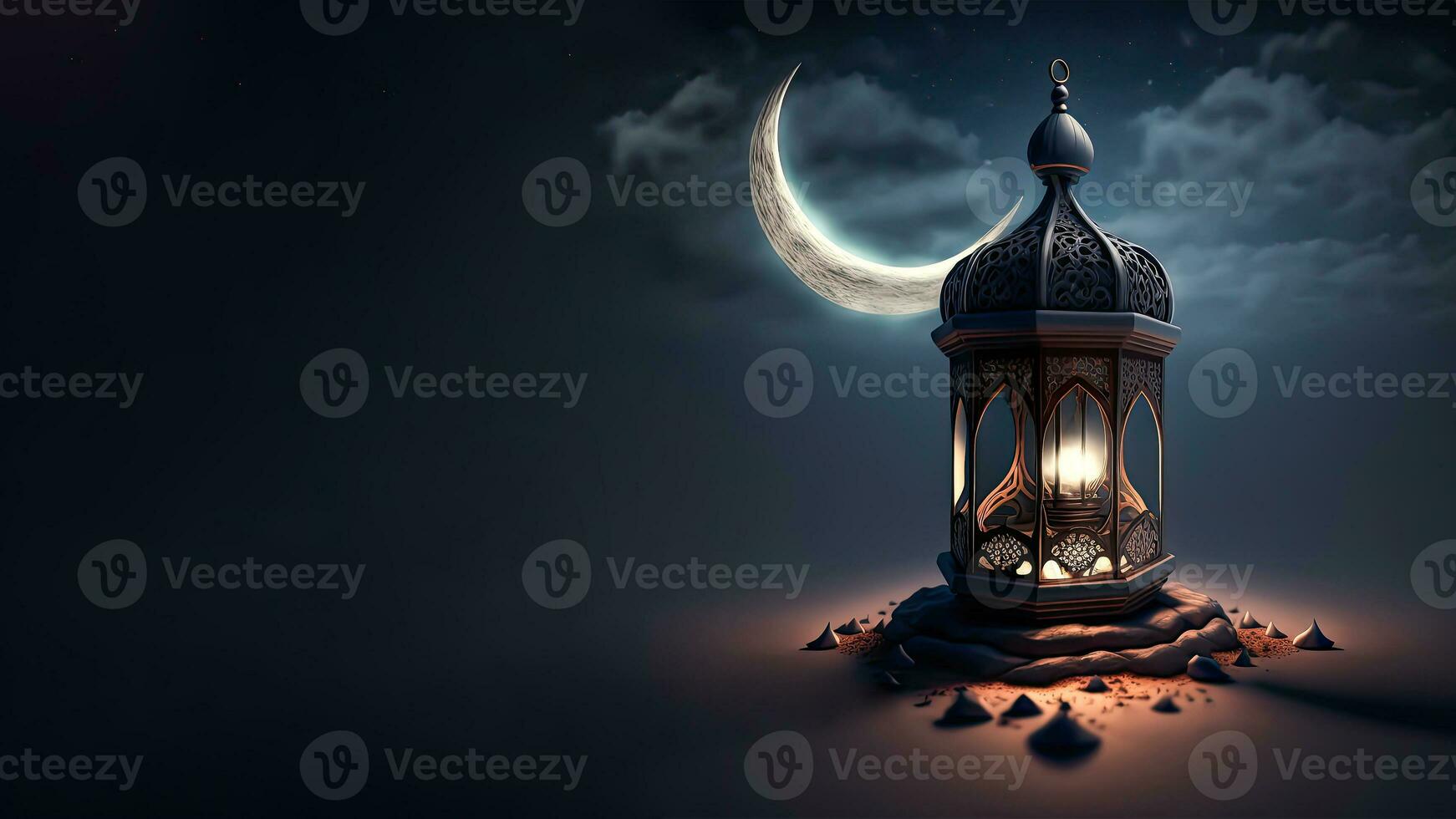 3D Render of Illuminated Arabic Lamp On Realistic Crescent Moon Night Background. Islamic Religious Concept. photo