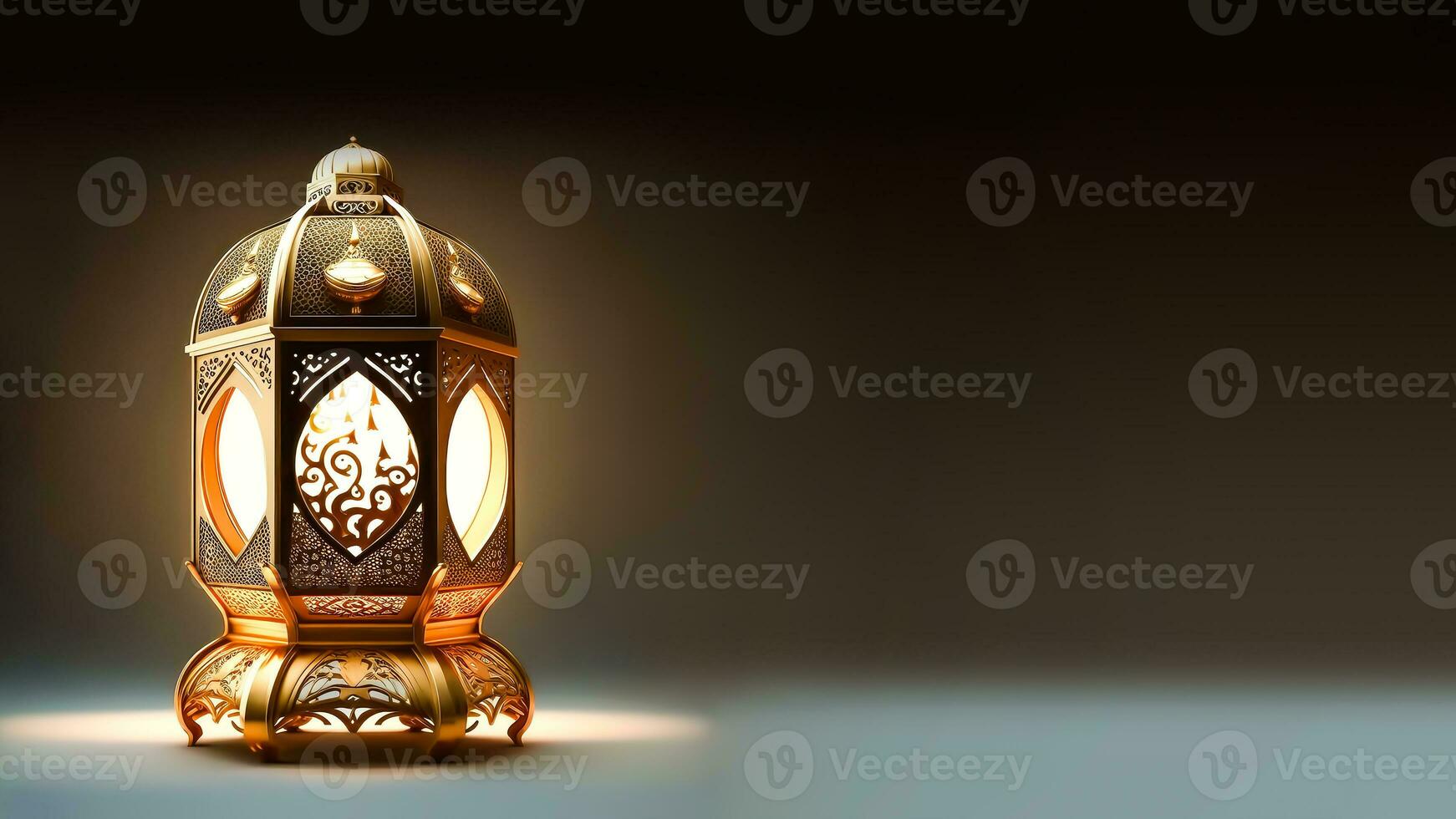 Realistic Illuminated Arabic Lantern On Dark Background. Islamic Religious Concept. 3D Render. photo