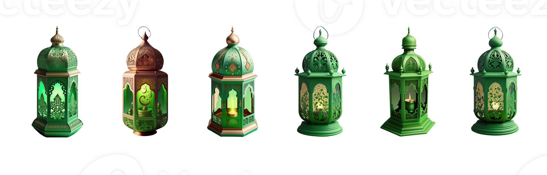 3D Render Of Realistic Arabic Lantern Icon Set In Green Color. png