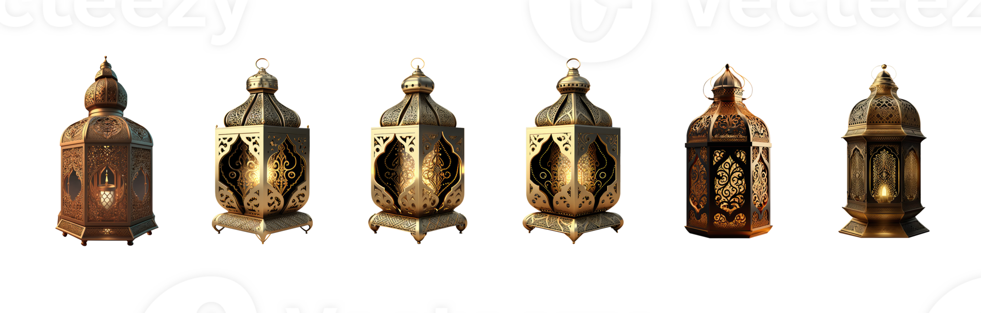 Golden Realistic Arabic Lantern Icon Set . 3D Render. png