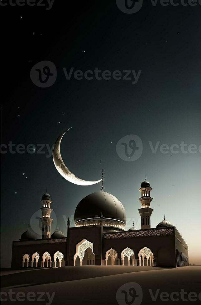 3D Render of Exquisite Mosque With Crescent Moon In Night. Islamic Religious Concept. photo