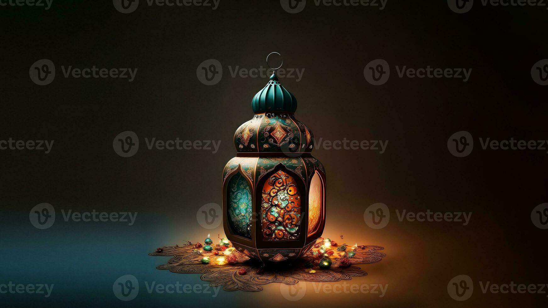 Realistic Illuminated Arabic Lantern On Islamic Pattern. Islamic Religious Concept. 3D Render. photo