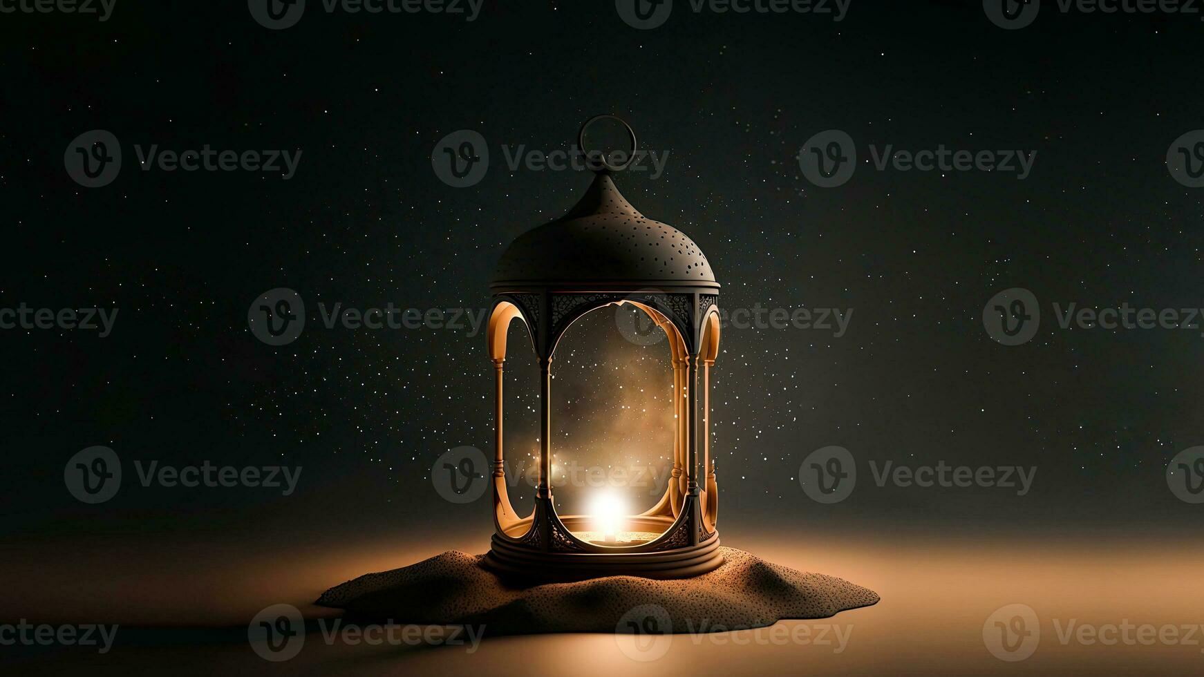 3d hacer de iluminado Arábica linterna en arena duna y espacio para texto. islámico religioso concepto. foto