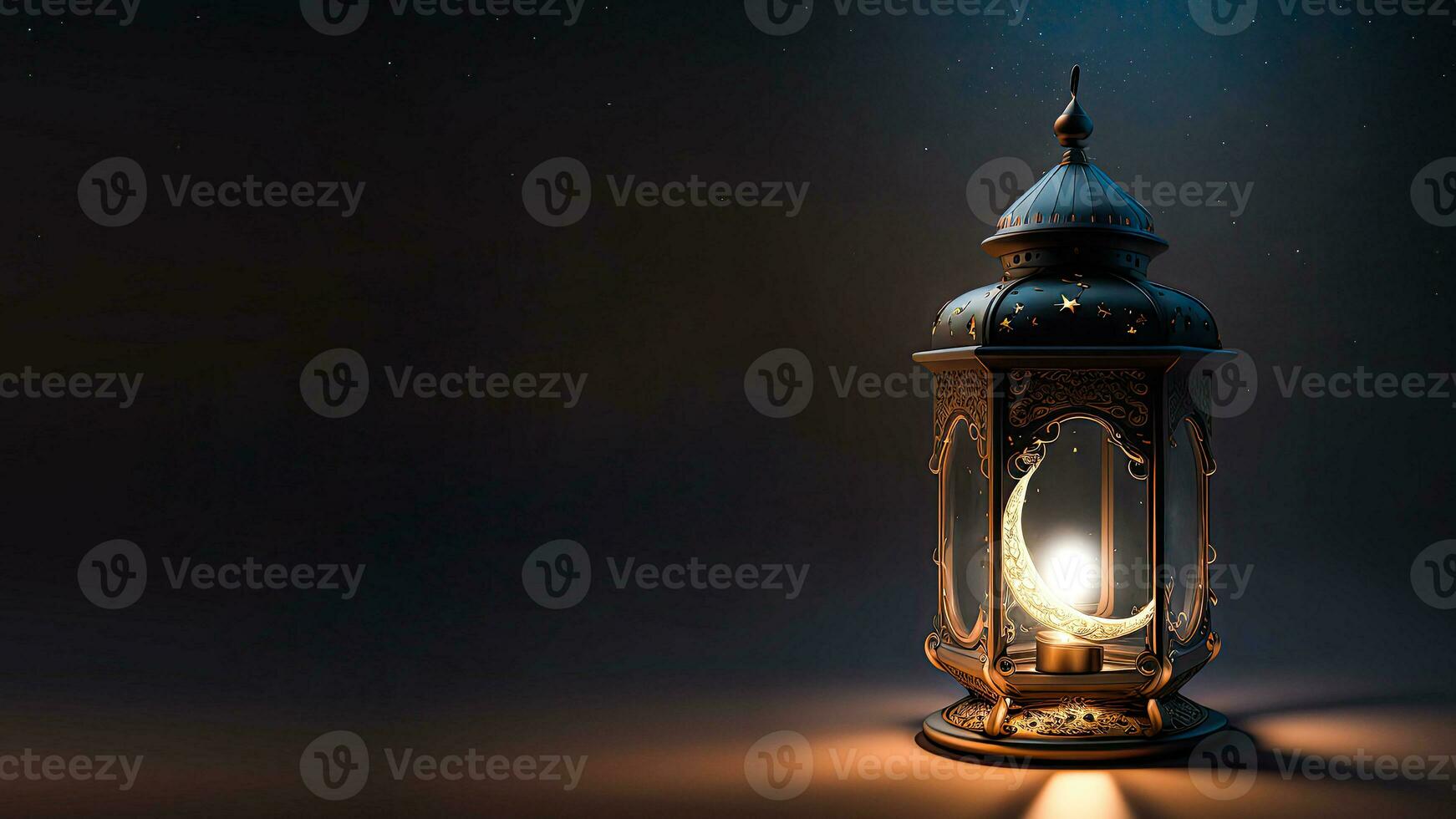 Realistic Illuminated Arabic Lantern On Dark Background. Islamic Religious Concept. 3D Render. photo