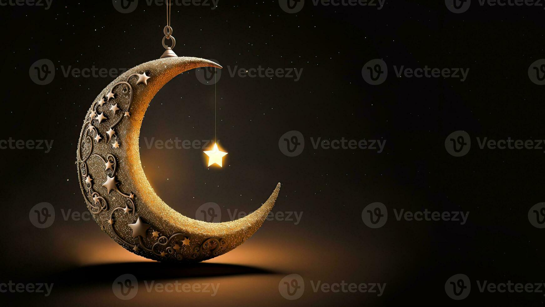 3D Render of Beautiful Carved Moon With Hanging Shiny Star On Dark Background. Islamic Religious Concept. photo