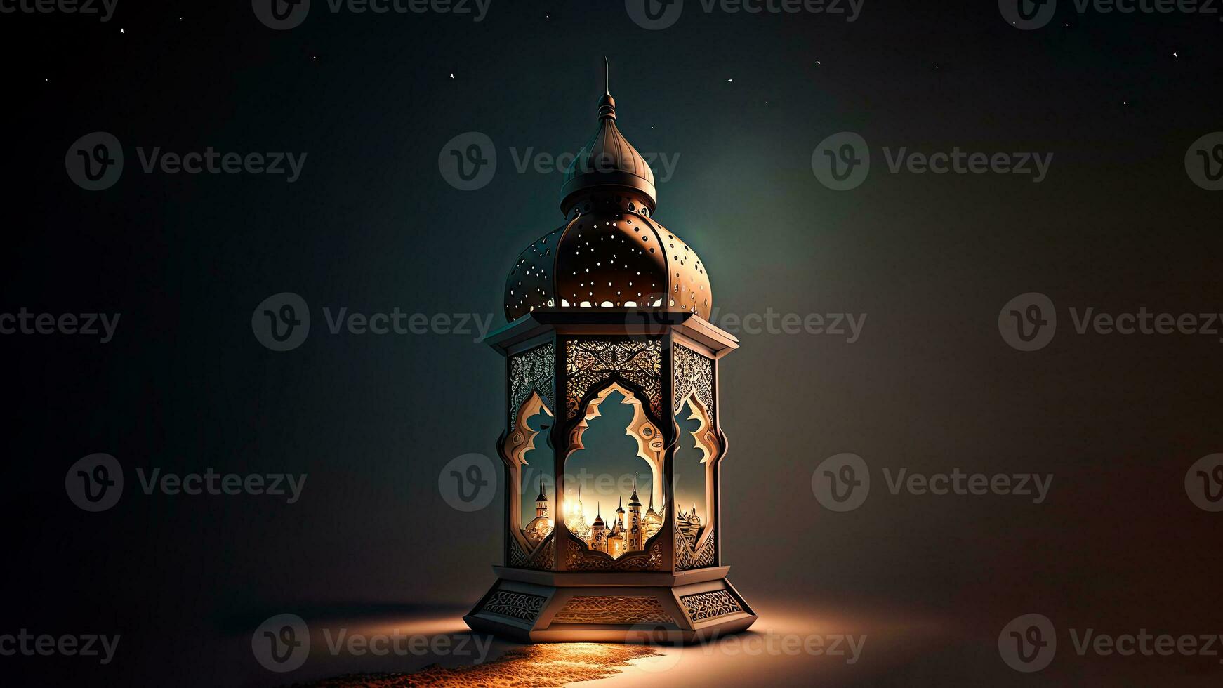 Realistic Illuminated Arabic Lantern On Dark Background. Islamic Religious Concept. 3D Render. photo