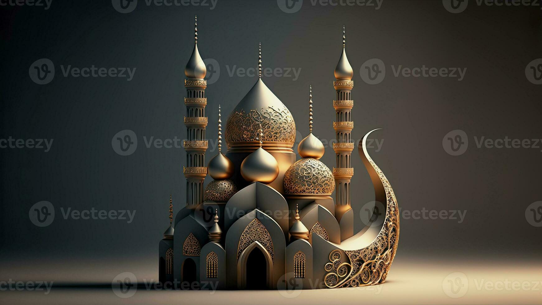 3D Render of Exquisite Mosque On Dark Background. Islamic Religious Concept. photo