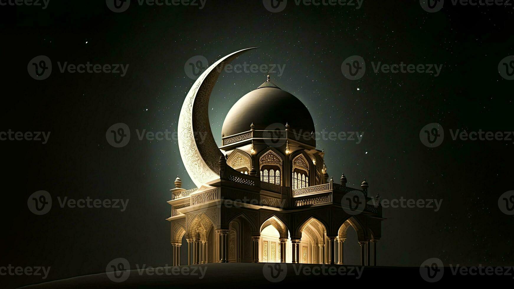 3D Render of Exquisite Mosque And Crescent Moon At Night. Islamic Religious Concept. photo