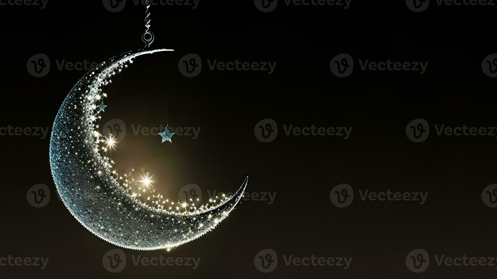 3D Render of Hanging Exquisite Shiny Carved Moon With Star On Dark Background. Islamic Religious Concept. photo