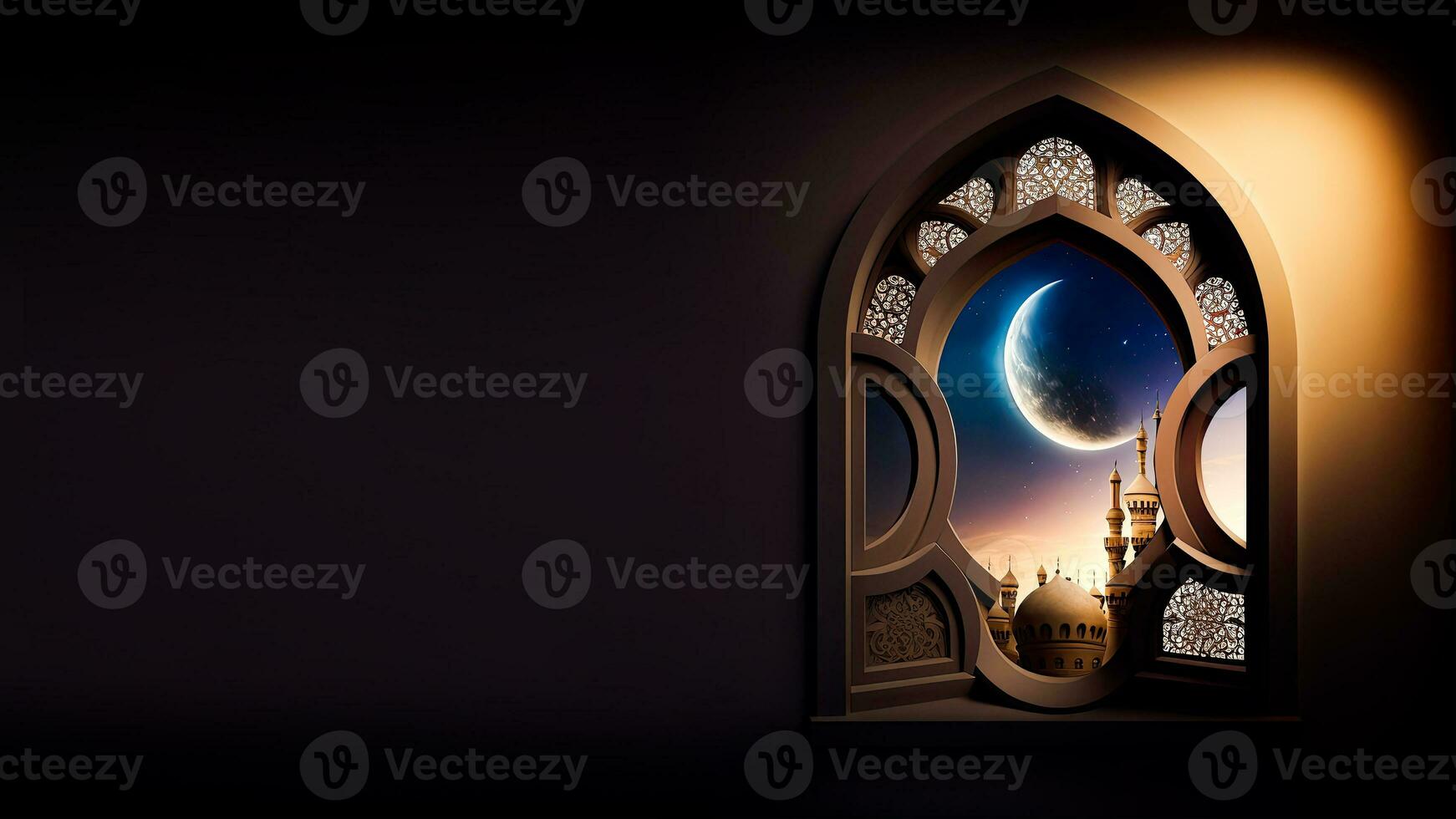 3D Render Of Beautiful Mosque With Realistic Crescent Moon Inside Mosaic Window On Night Background. Islamic Religious Concept. photo