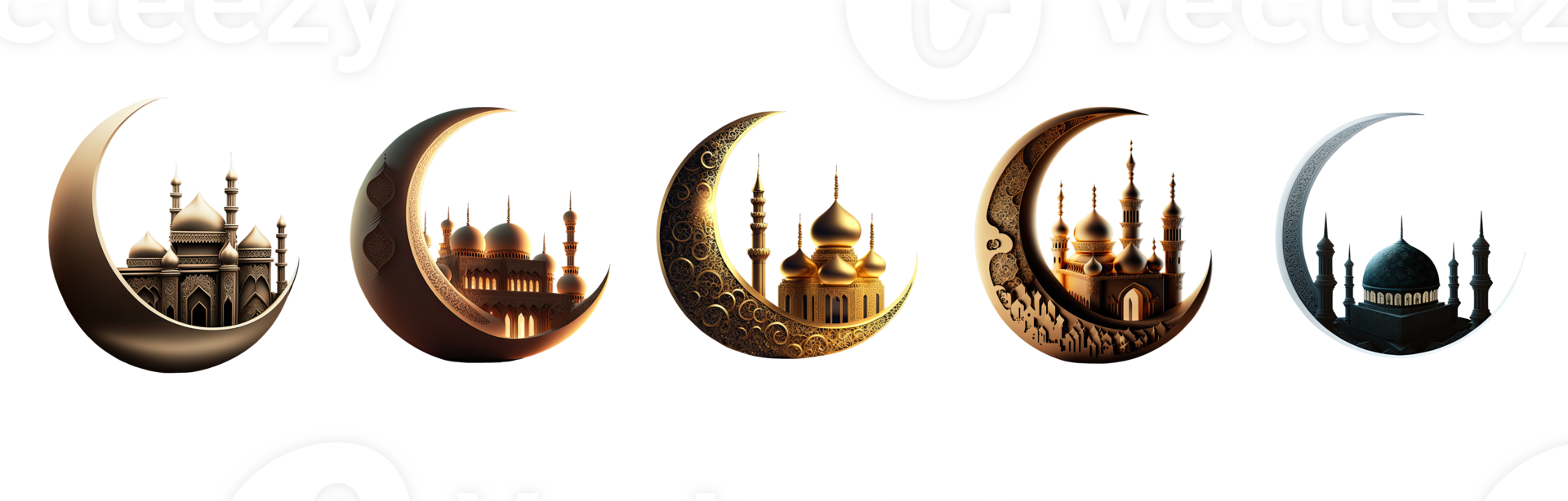 3D Render Of Crescent Moon With Beautiful Mosque Icon Set. png