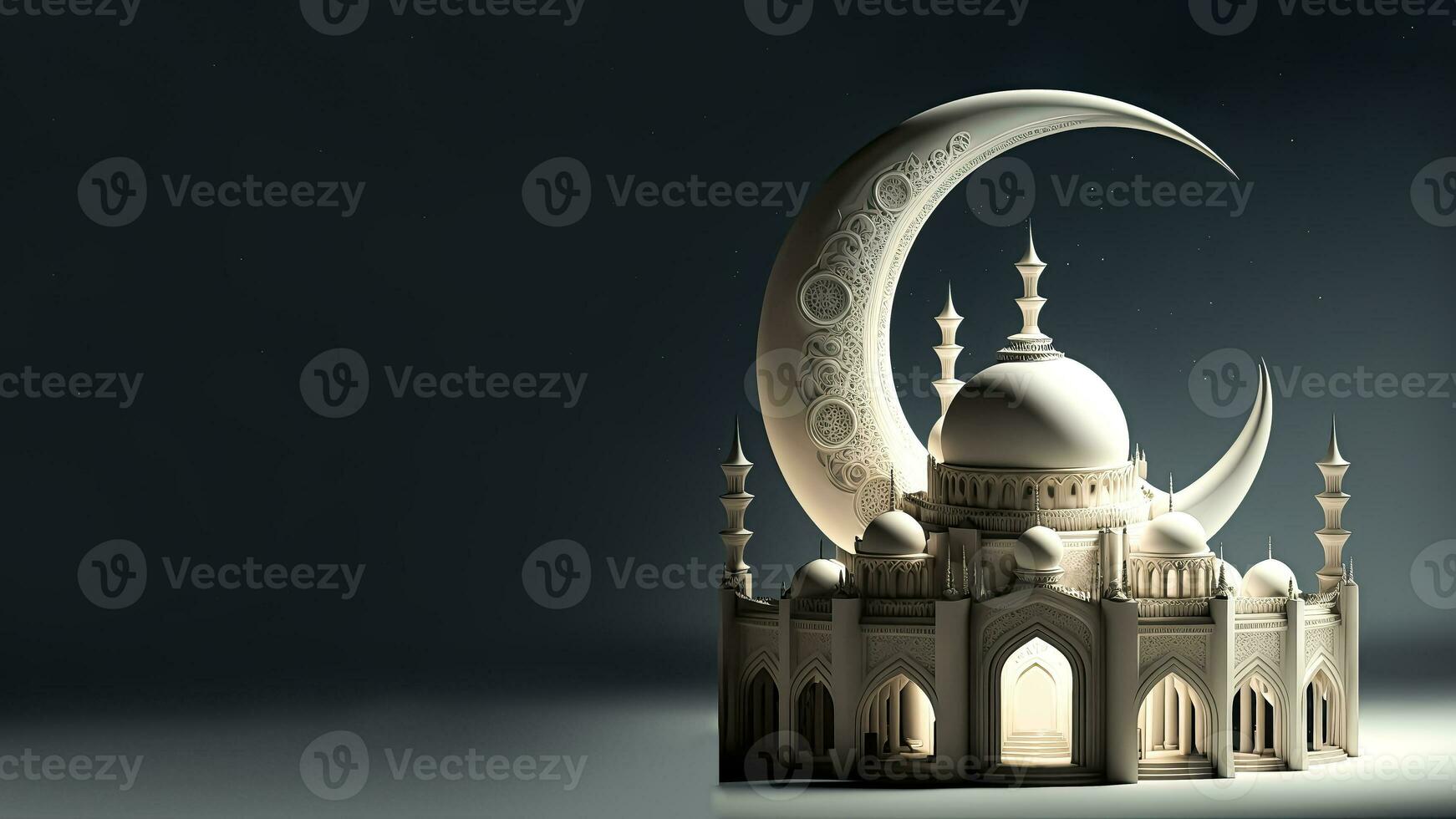 3D Render of Exquisite Mosque And Crescent Moon On Dark Background. Islamic Religious Concept. photo