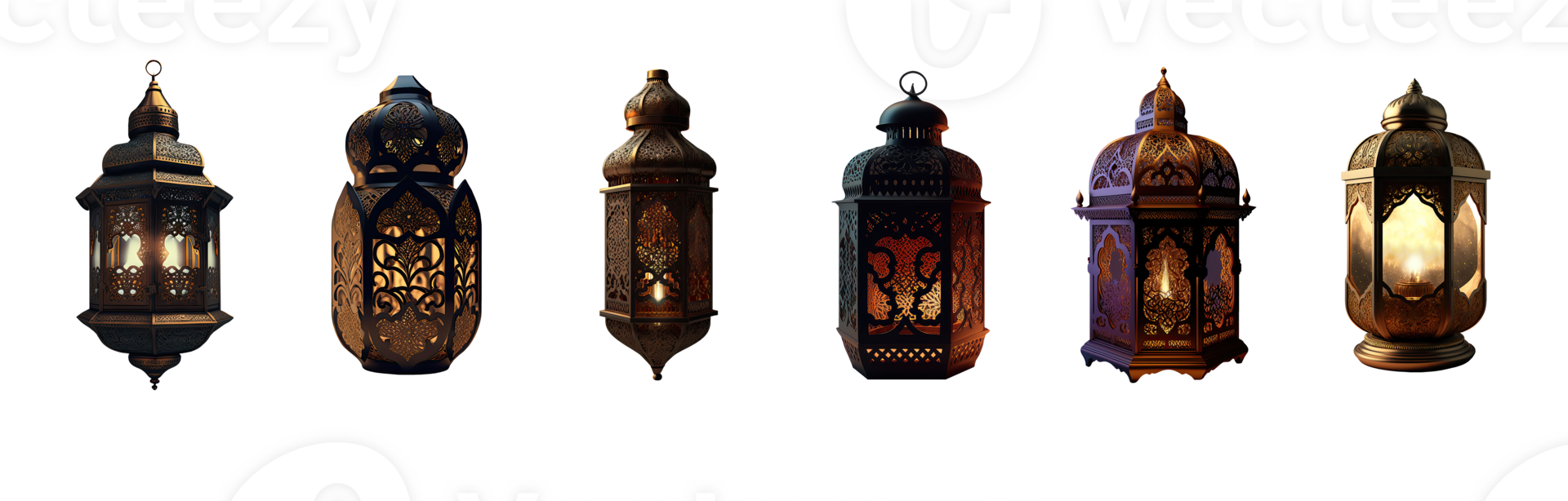 3D Render, Realistic Illuminated Arabic Lantern Icon Set. png