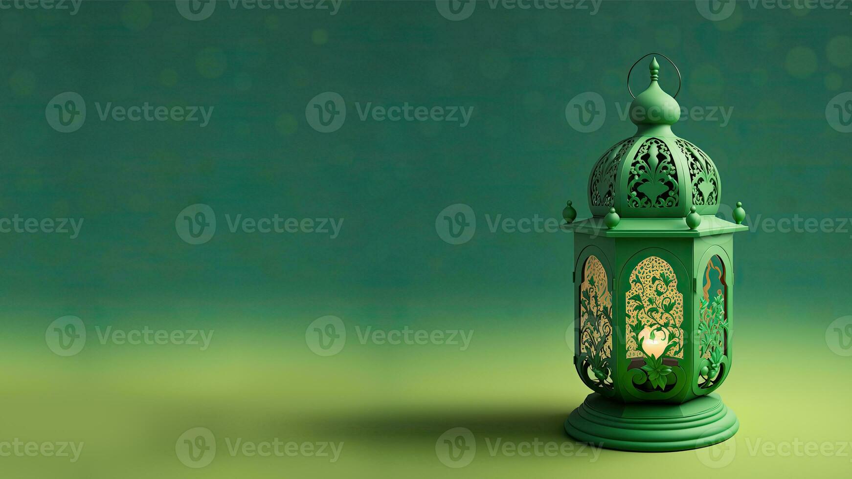 Realistic Illuminated Arabic Lantern On Green Background. 3D Render. photo