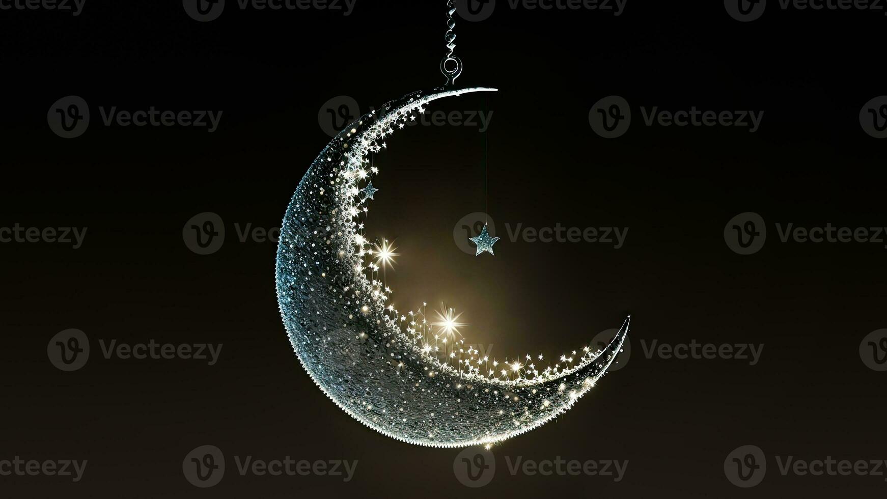 3D Render of Hanging Exquisite Shiny Carved Moon With Star On Dark Background. Islamic Religious Concept. photo