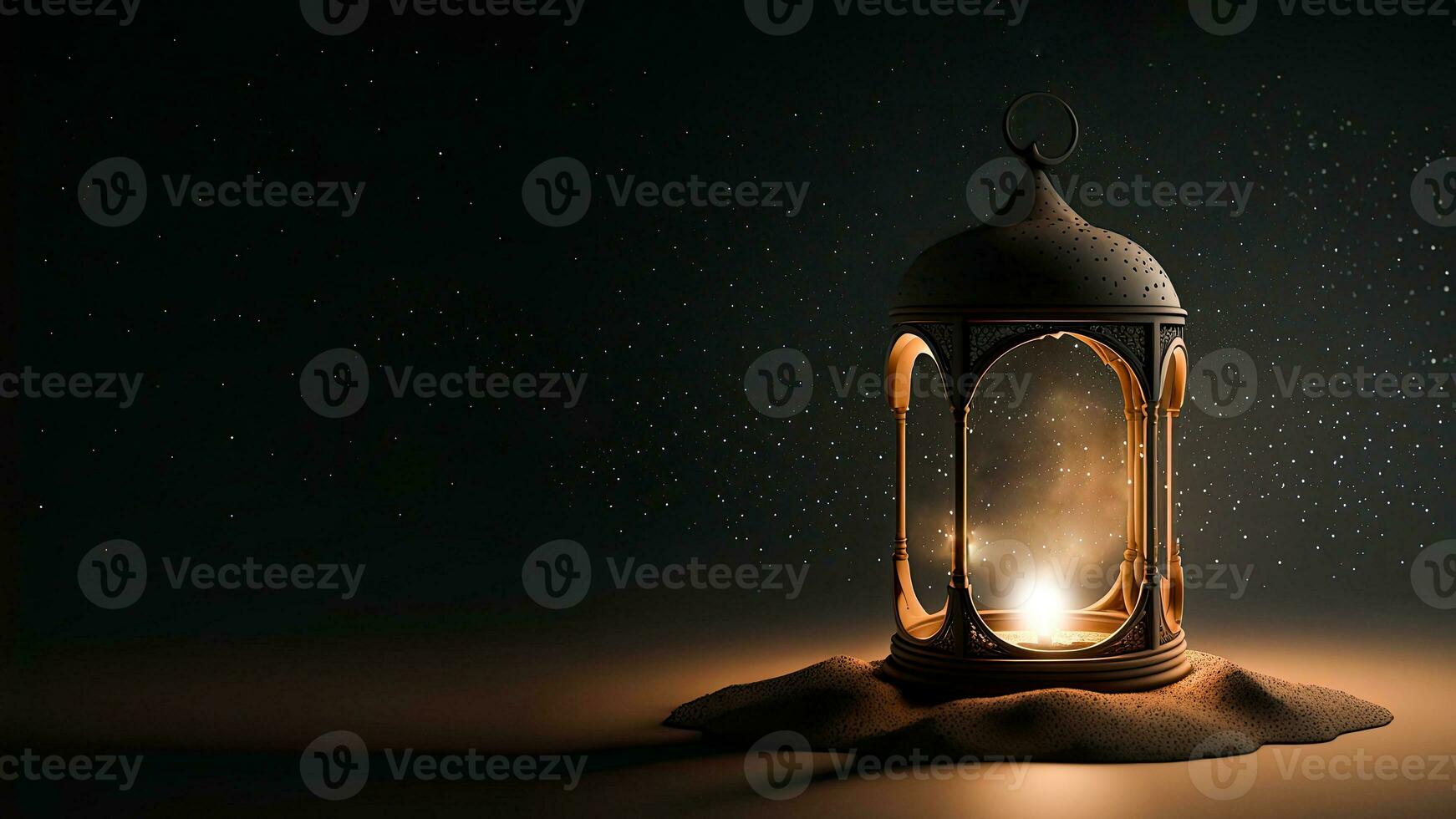 3D Render of Illuminated Arabic Lantern On Sand Dune And Space For Text. Islamic Religious Concept. photo