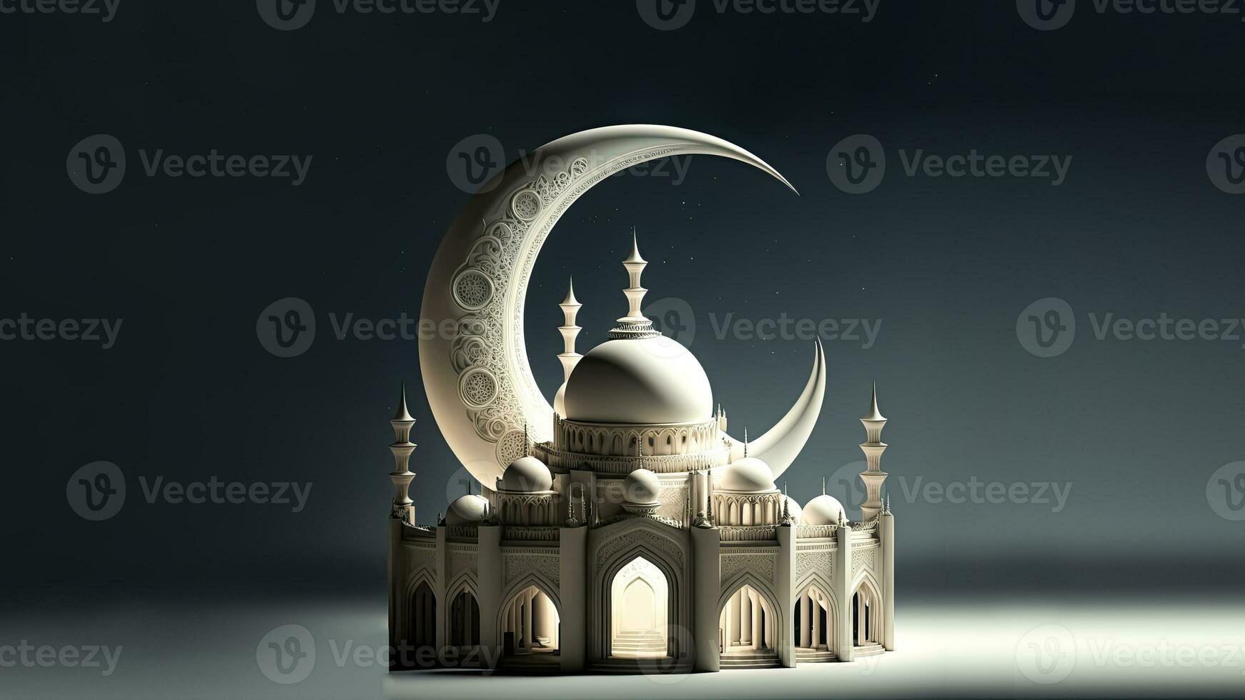 3D Render of Exquisite Mosque And Crescent Moon On Dark Background. Islamic Religious Concept. photo