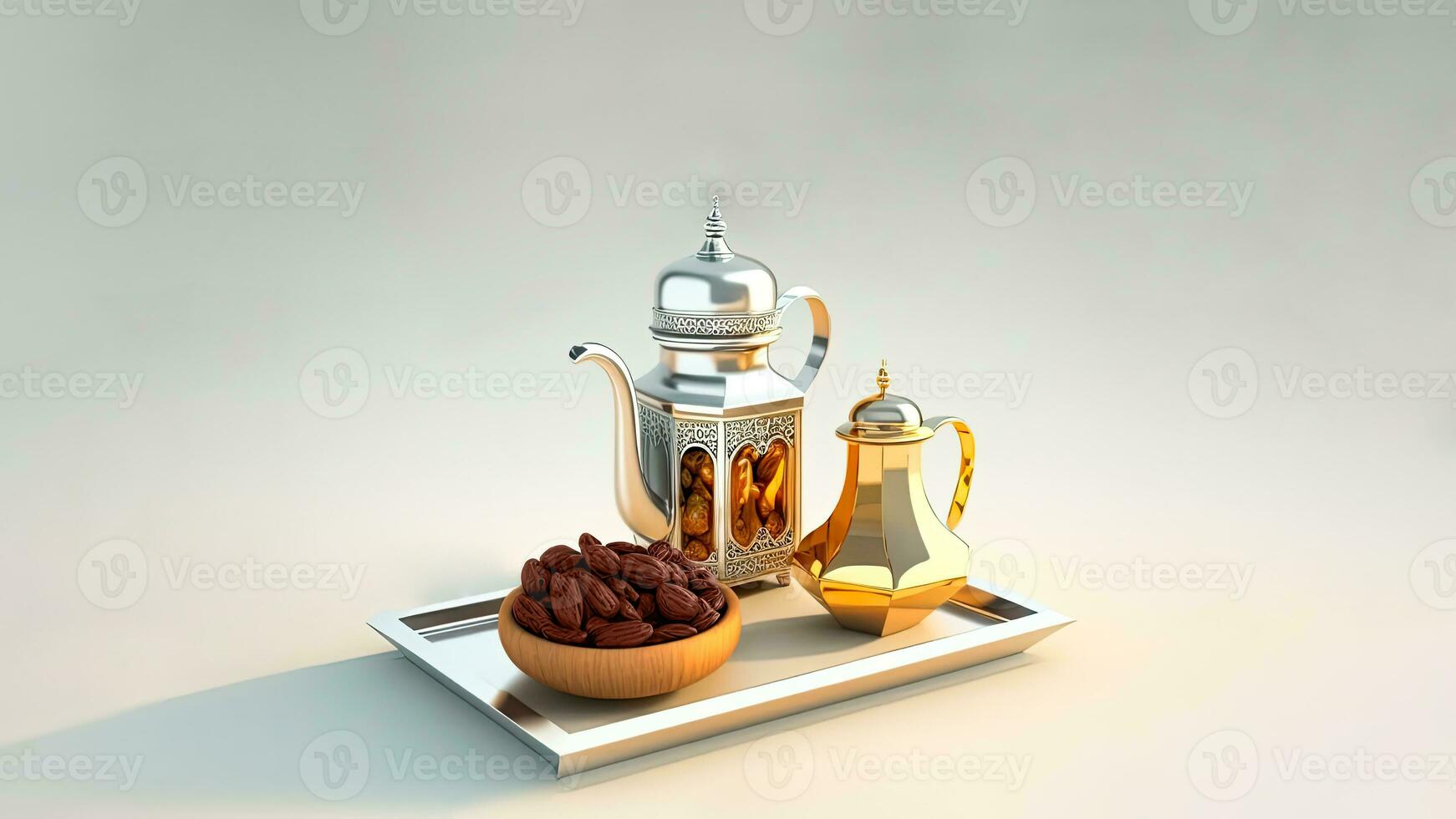 3d hacer de Arábica té o café ollas y fechas cuenco en bandeja. islámico religioso concepto foto