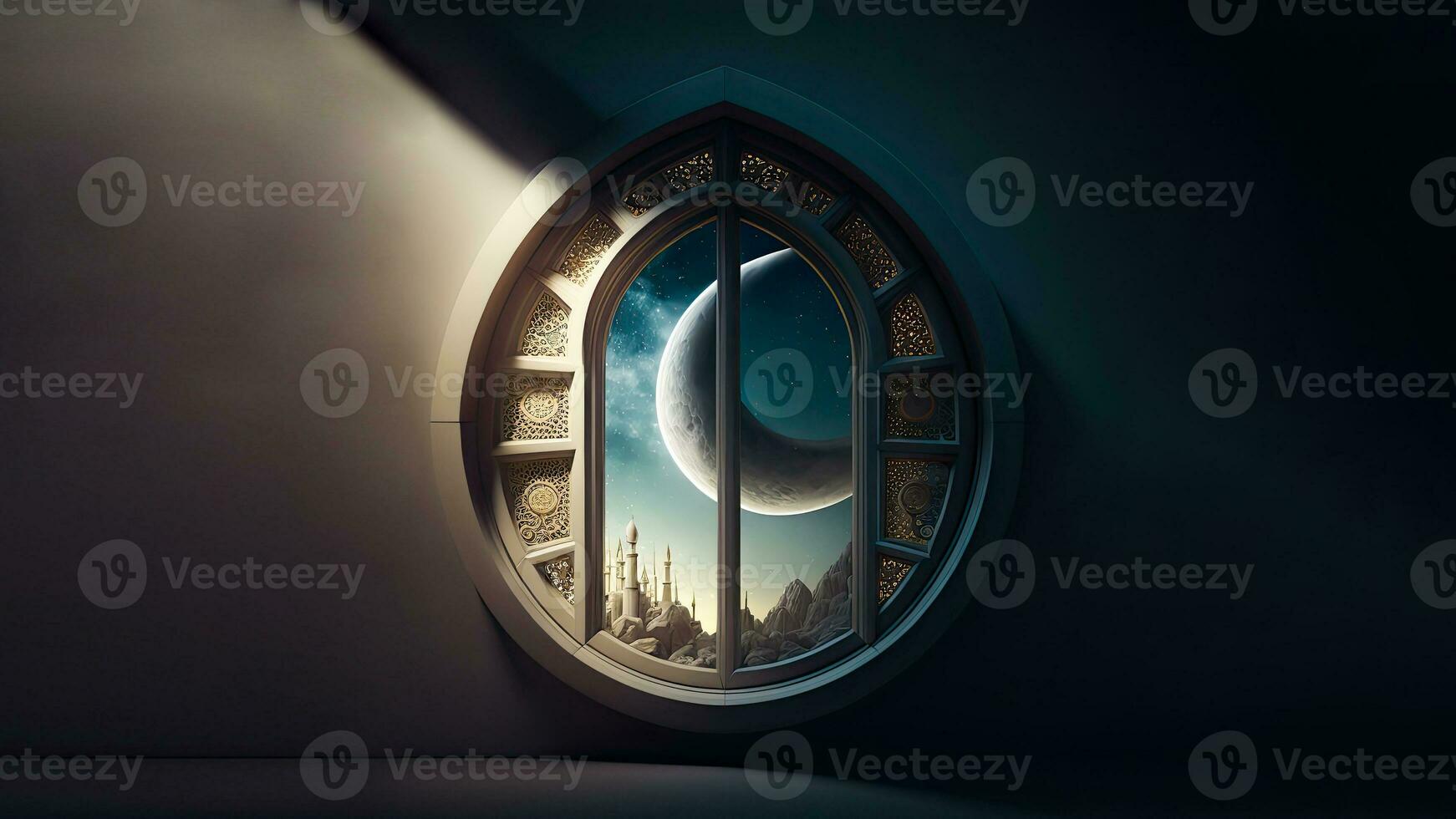 3D Render, Islamic Style Window With Crecent Moon On Dark Background. Islamic Religious Concept. photo