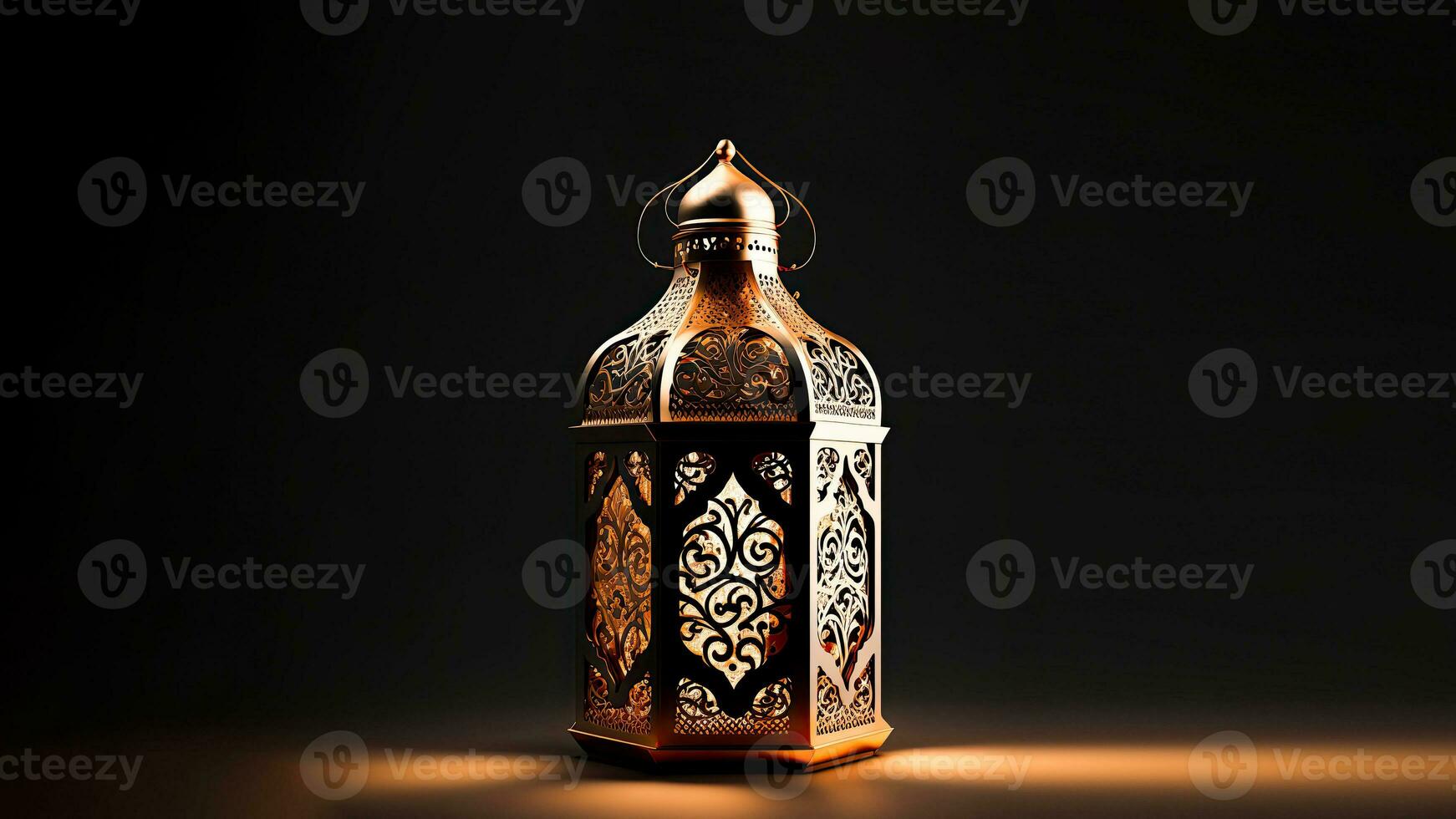 Realistic Illuminated Arabic Lantern On Dark Background. Islamic Religious Concept. 3D Render. photo