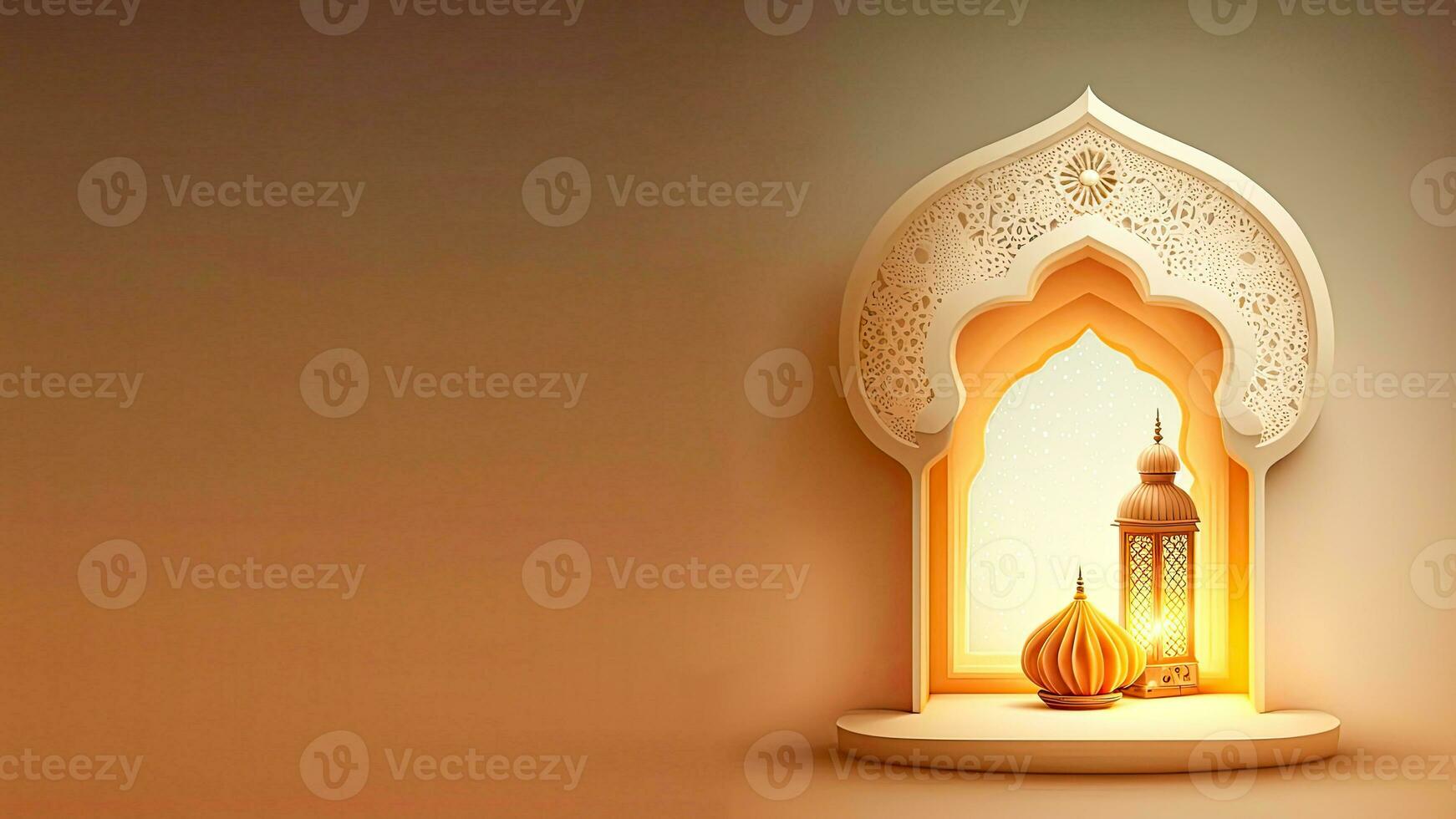 3D Render Of Paper Cut Mosque Window With Illuminated Arabic Lamp And Copy Space. Islamic Religious Concept. photo