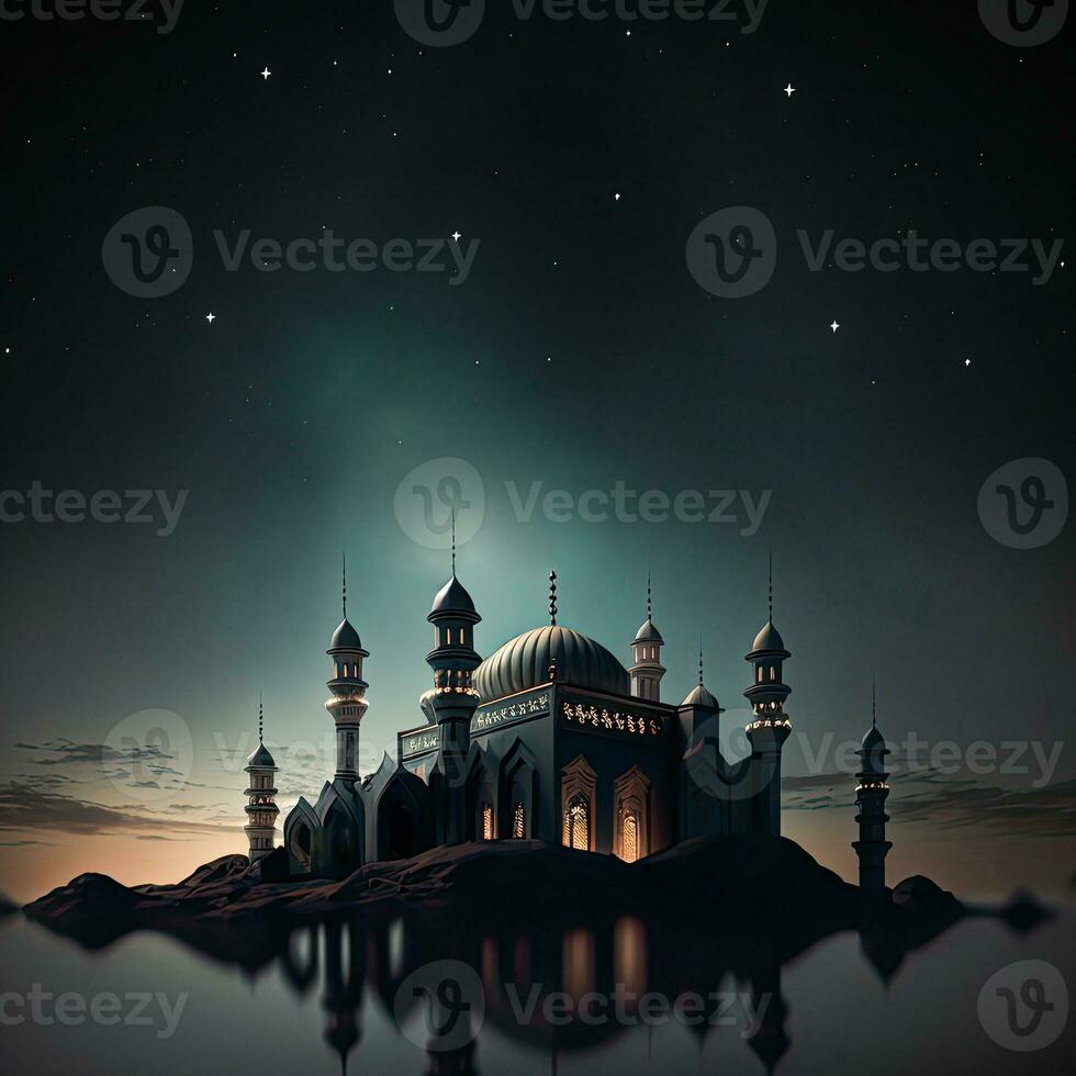 View of Mosque In Starry Night, Mosque Reflection In The Water. Islamic Religious Concept. 3D Render. photo