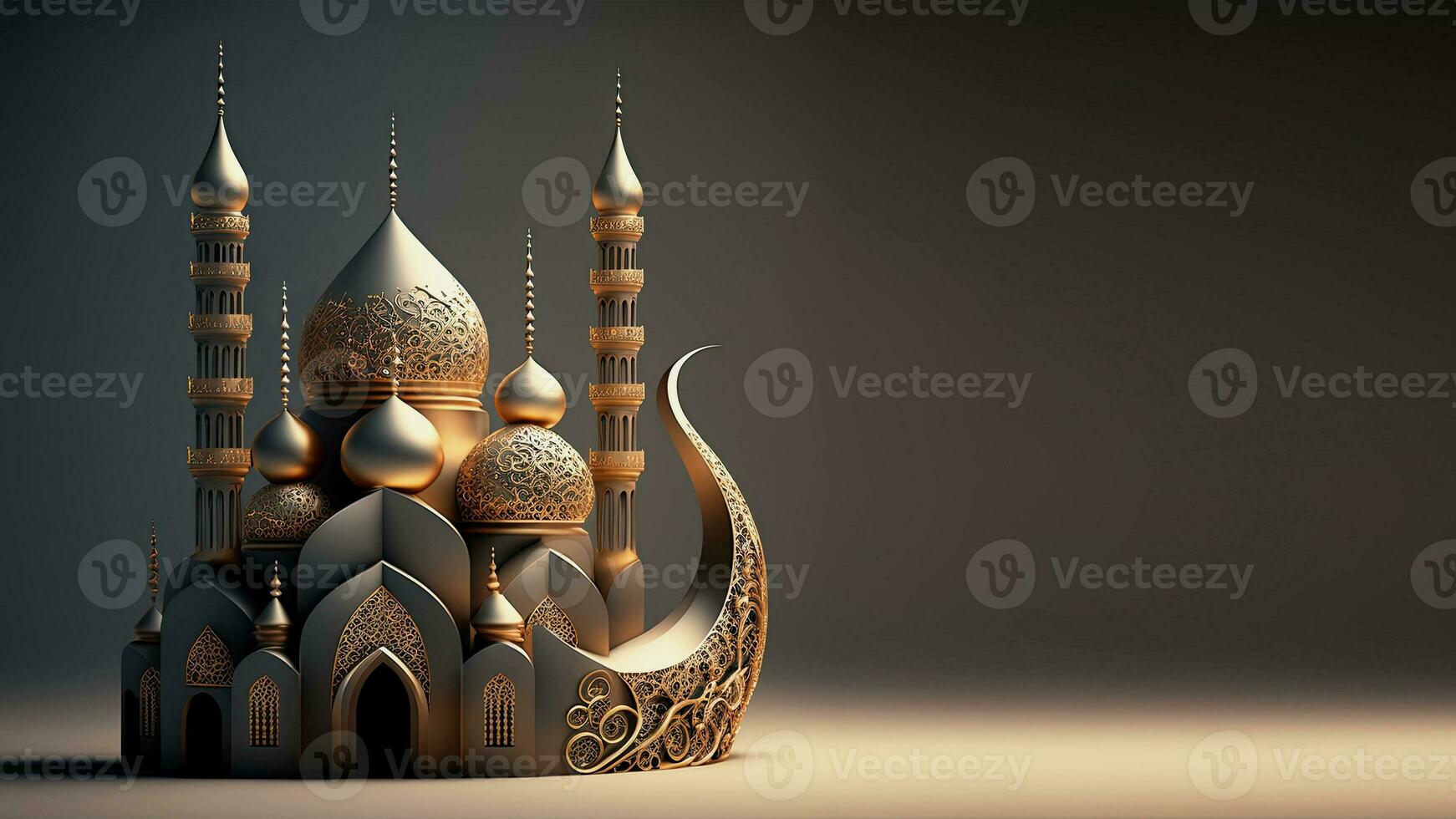 3D Render of Exquisite Mosque On Dark Background. Islamic Religious Concept. photo