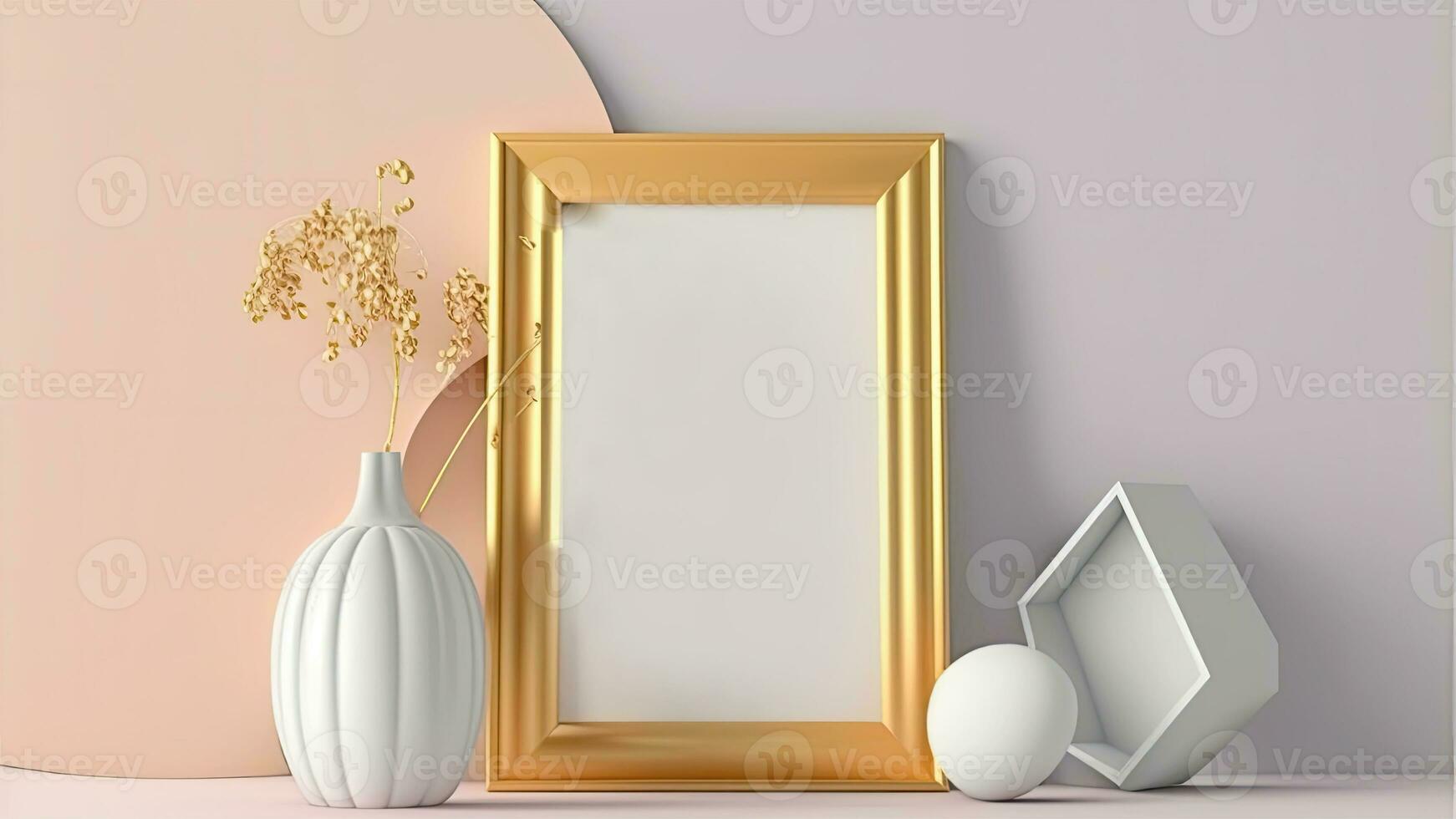 3D Render of Golden Rectangle Frame Mockup, Golden Artificial Plant Inside Clay Pot And Geometric Objects. photo