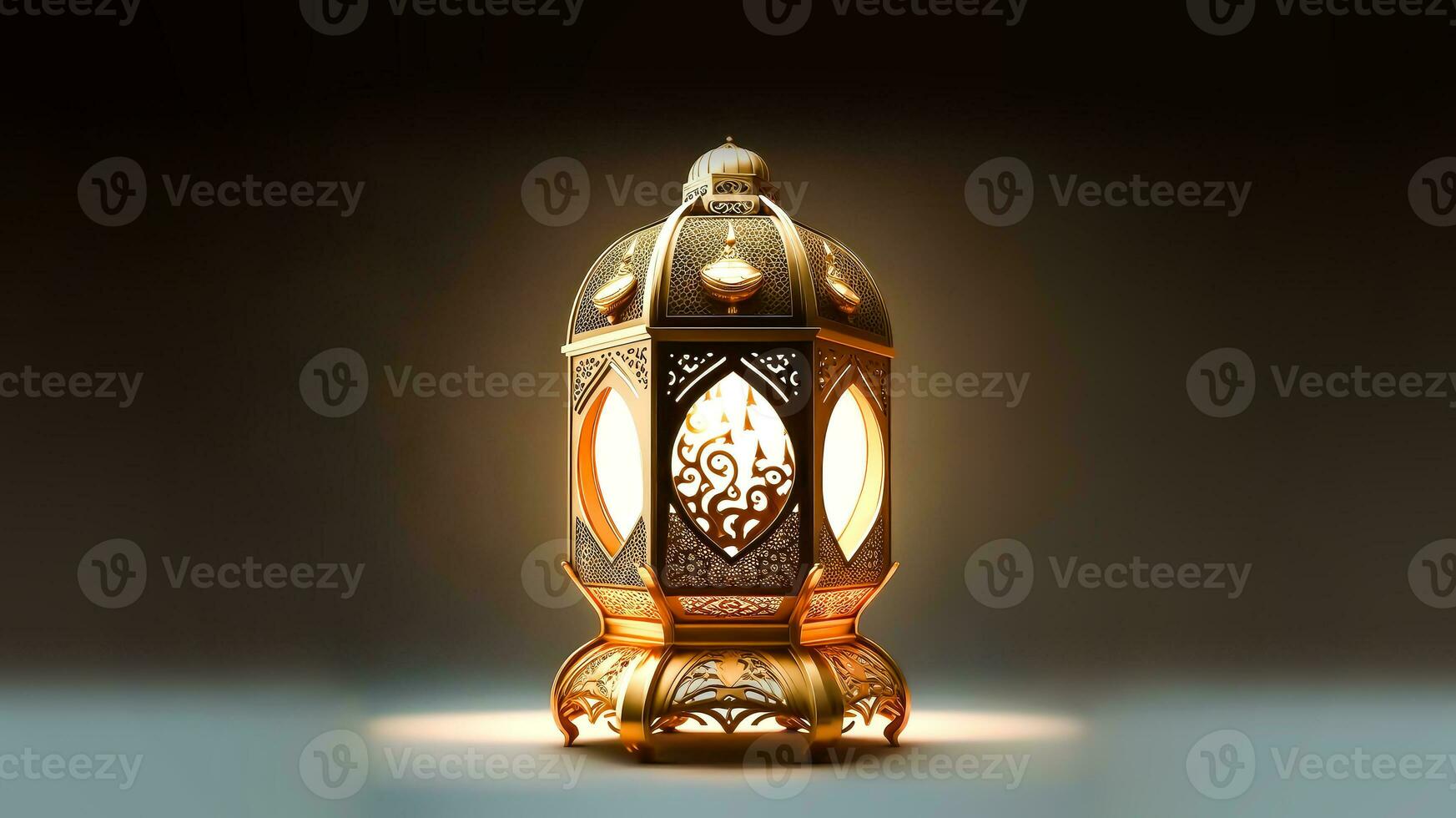 Realistic Illuminated Arabic Lantern On Dark Background. Islamic Religious Concept. 3D Render. photo