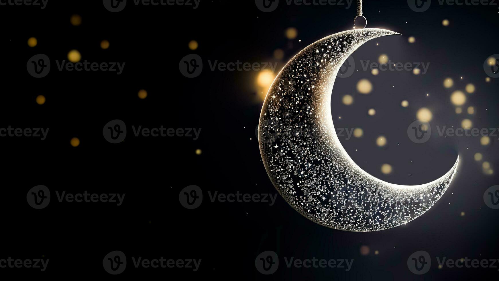 3D Render of Exquisite Crescent Moon Hang On Lighting Bokeh Background. Islamic Religious Concept. photo