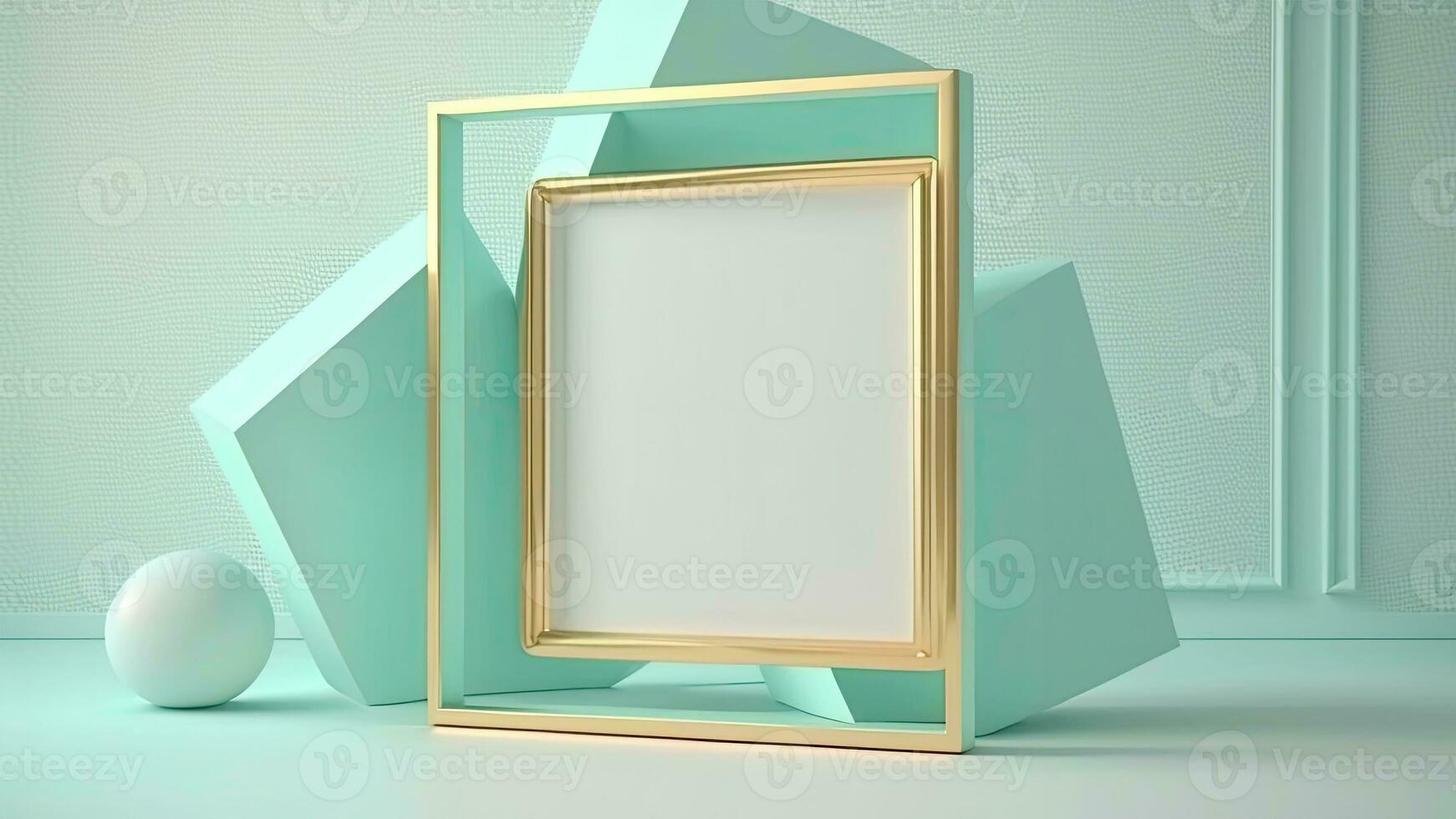 3D Composition Side View of Golden Photo Frame Mockup With Image Placeholder And Geometric Elements.