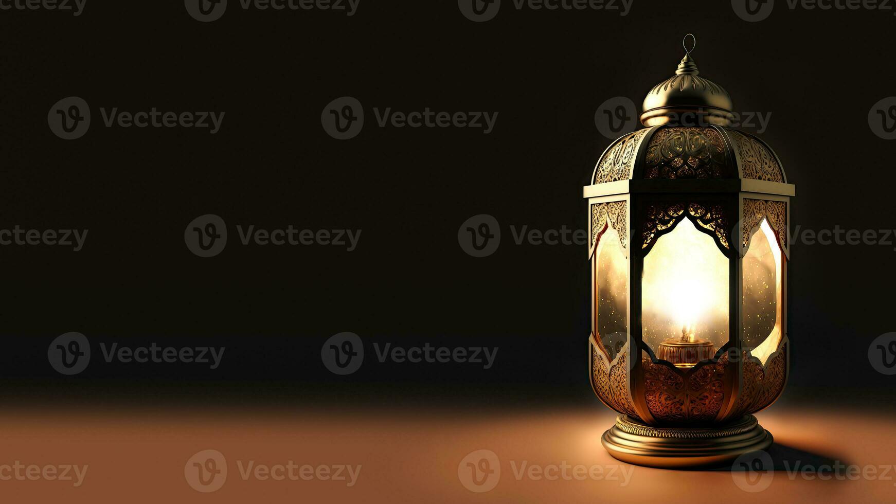 Realistic Illuminated Arabic Lantern On Dark Background. Islamic Religious Concept. 3D Render. photo