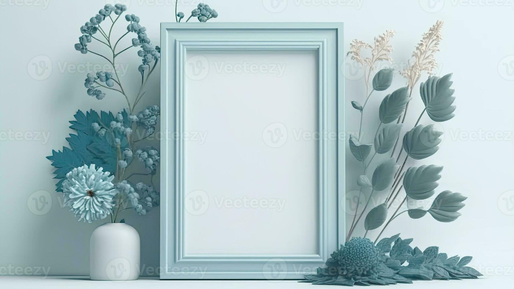 3D Render of Empty Photo Frame And Plant Pot On Floral Decorated Wall Mockup.