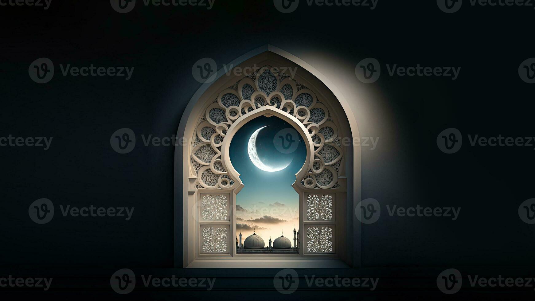 3D Render Of Mosque Window Arch With Realistic Crescent Moon. Islamic Religious Concept. photo