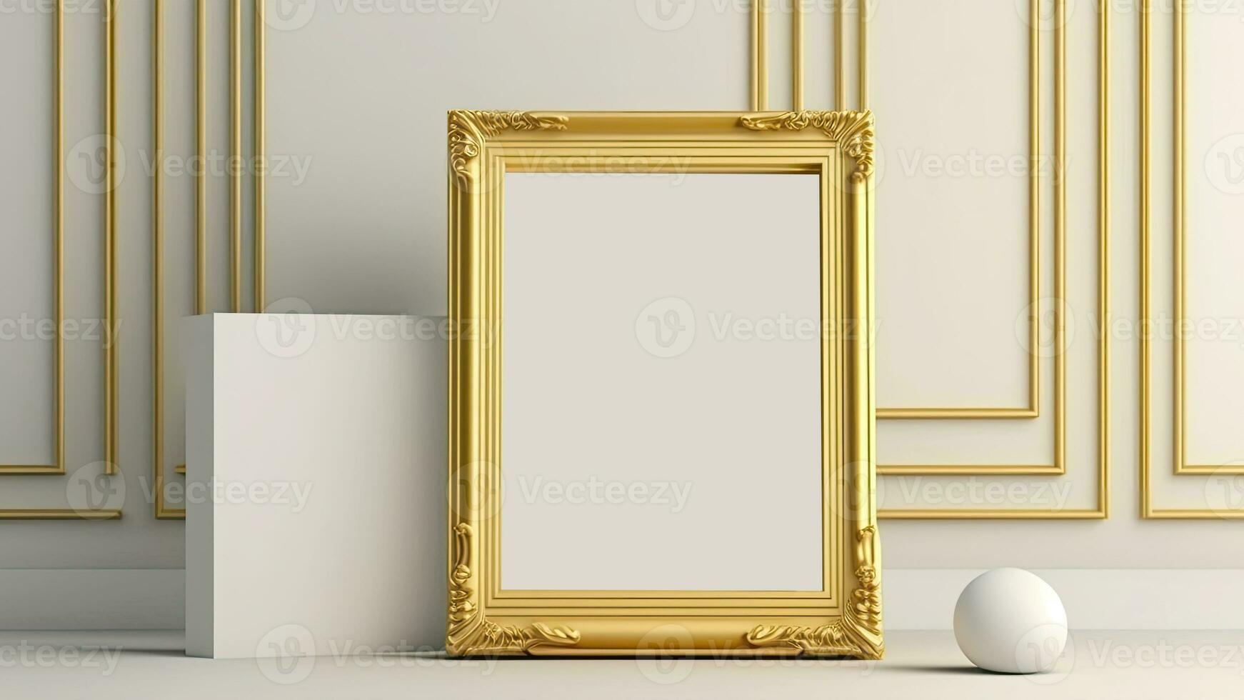 3D Render of Blank Golden Vintage Frame With Image Placeholder On Classic Interior Wall Mockup. photo