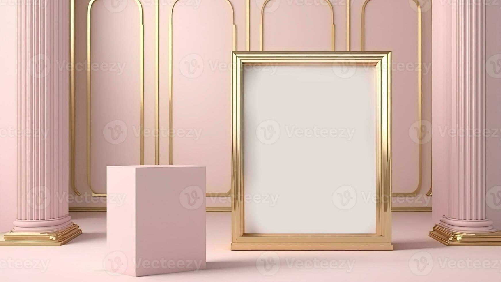 Realistic Golden Photo Frame With Image Placeholder, Large Box Against