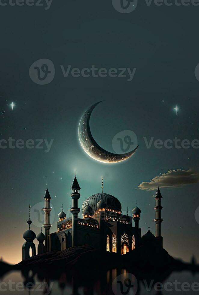 View of Mosque In Crescent Moon Night, Mosque Reflection In The Water. Islamic Religious Concept. 3D Render. photo