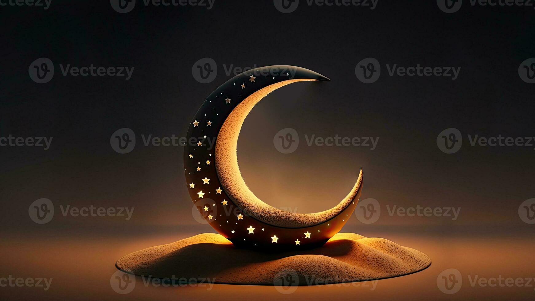 3D Render of Crescent Moon Decorated With Glowing Stars On Dune. Islamic Religious Concept. photo
