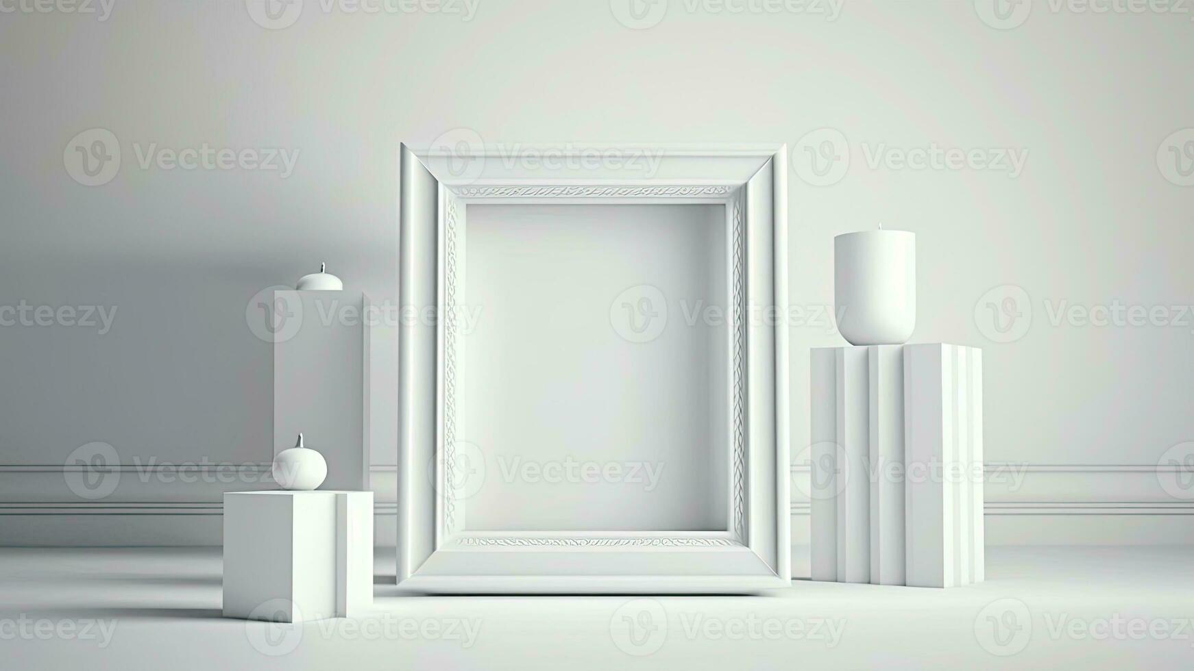 3D Composition of Blank Frame Mockup And Clay Modelling Decorative Objects, Interior Design. photo