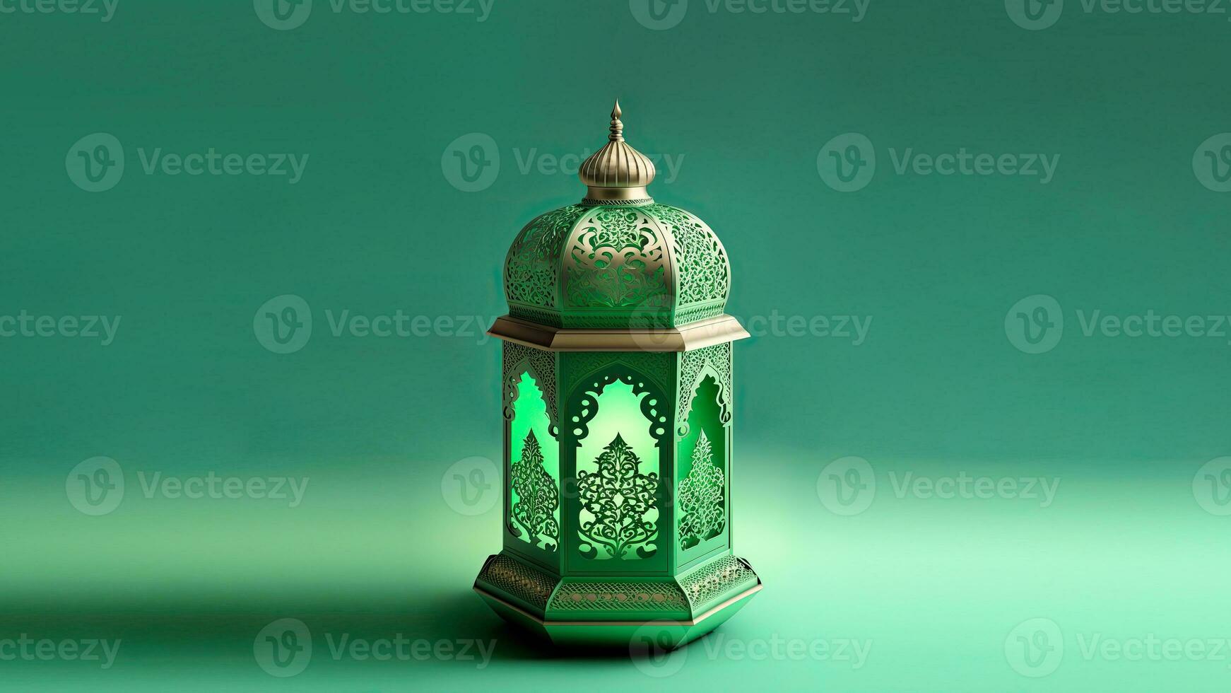 Realistic Arabic Lantern On Green Background. 3D Render. photo